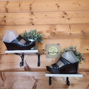 UGG Mattie Black Leather Wedge Slide Sandal Stacked 3" Heel Platform Boho Sz 8.5